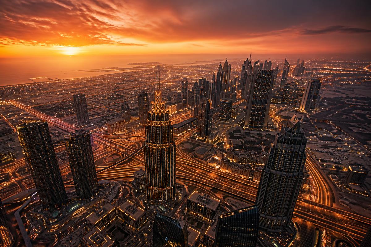 Aerial view of Dubai skyline from Burj Khalifa observation deck